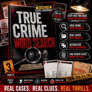 May include: A True Crime Word Search book featuring a black cover with red blood-like splatters, a magnifying glass graphic, and text including "Interactive Puzzle Experience" and "Solve Real Cases. Discover Hidden Clues." Includes case file sheets.