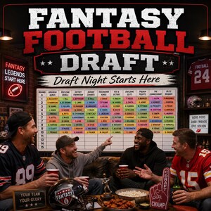 Könnte beinhalten: Ein großes Fantasy-Football-Draft-Board mit einem Raster aus Spielernamen und Teamspalten, das über einer Gruppe von vier Personen hängt, die an einem Tisch mit einem Football-Helm, einer Schüssel Popcorn und einem Schaumstofffinger sitzen.