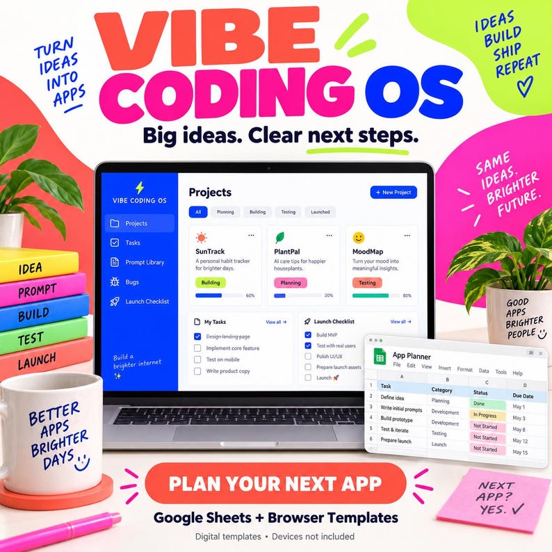 Może przedstawiać: Laptop z interfejsem zarządzania projektami Vibe Coding OS, cyfrowy arkusz planowania aplikacji, biały kubek z napisem Better Apps Brighter Days oraz kolorowe ułożone w stos klocki z etykietami Idea, Prompt, Build, Test i Launch.