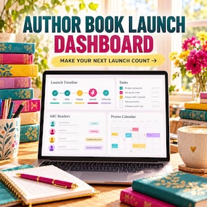 Pode incluir: Um computador portátil exibindo um painel de lançamento de livro com seções para cronograma, tarefas, leitores ARC e calendário promocional. A tela mostra o texto "MAKE YOUR NEXT LAUNCH COUNT" e vários ícones coloridos e barras de progresso.