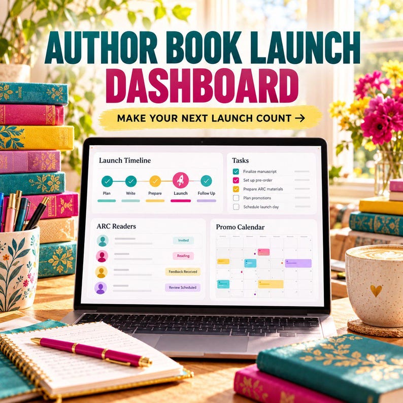 Author book launch dashboard shown on a laptop with books and flowers