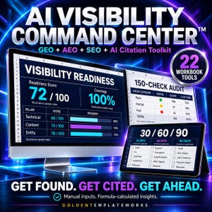 Puede incluir: Un panel digital titulado AI VISIBILITY COMMAND CENTER que muestra una hoja de cálculo con una puntuación de preparación de 72/100, una auditoría de 150 puntos y una lista de tareas de 30/60/90 días. Incluye iluminación azul neón y el texto GET FOUND.