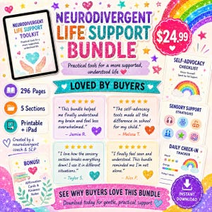 Puede incluir: Un paquete digital Neurodivergent Life Support Toolkit que incluye una pantalla de tableta, una lista de verificación de autodefensa, estrategias de apoyo sensorial y un rastreador de registro diario. El gráfico incluye reseñas y texto.