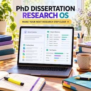 Planilha de planejamento de dissertação de doutorado, matriz de revisão de literatura, rastreador de redação de tese e painel de pesquisa.
