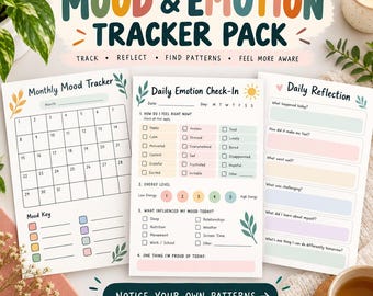 Diario stampabile e compilabile per monitorare l'umore, ruota delle emozioni, grafico mensile dell'umore, riflessione sul sonno e sull'energia.