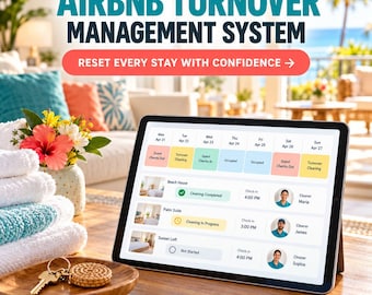 Foglio di calcolo per il turnover di Airbnb, programma di pulizia e monitoraggio del rifornimento, dashboard e lista di controllo per gli host di case vacanza.