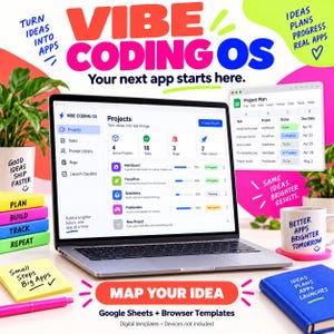 May include: A laptop displaying the Vibe Coding OS interface with project management tools. The screen shows a project dashboard and a spreadsheet. Surrounding items include a mug with text, colorful sticky notes, and a blue notebook.