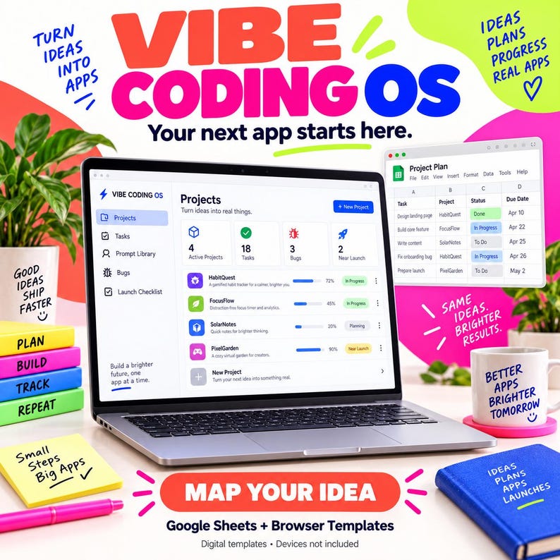 Może przedstawiać: Laptop z interfejsem Vibe Coding OS i narzędziami do zarządzania projektami. Ekran pokazuje pulpit nawigacyjny i arkusz kalkulacyjny. Wok&oacute;ł znajdują się kubek z tekstem, kolorowe karteczki samoprzylepne oraz niebieski notatnik.