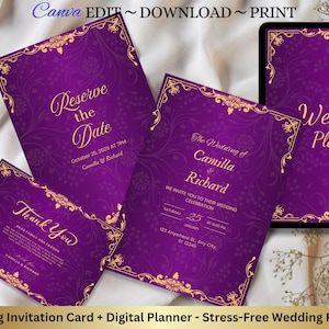 Juego de invitación de boda con temática real y tarjeta de agradecimiento + planificador digital: plantilla personalizable de Canva, tarjeta de boda descargable en color morado y dorado