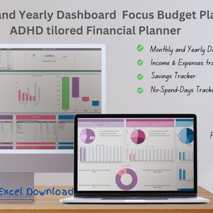ADHD-vänlig instrumentpanel för pengahantering | Excel-budgeteringsverktyg med No-Spend-funktion | Spårning Valfri valuta | Excel