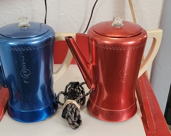 Vintage MCM West Bend FlavoMatic Percolators Blue and Red coffee maker, both work only one cord.