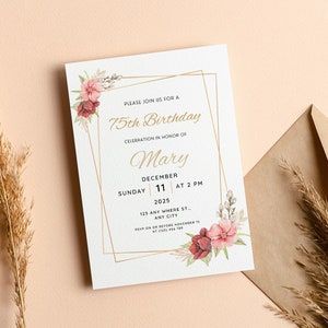 Convite de aniversário de 75 anos com flores, modelo EDITÁVEL, convite floral para mulheres, convite de aniversário para qualquer idade, cartão de aniversário para mulheres, avó