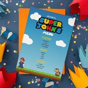 Tarjeta de menú de Super Mario Bowser, menú digital imprimible, invitación de cumpleaños para niños de Super Brothers, menú de cumpleaños de Mario de 5 x 7 pulgadas