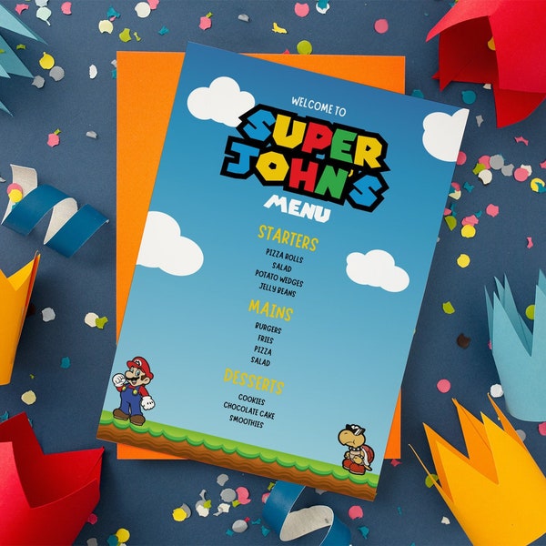 Super Mario Menu Card Bowser Digital Menu Printable Birthday Invitation Super Brothers Boy Invite Mario Kids Birthday Menu 5x7