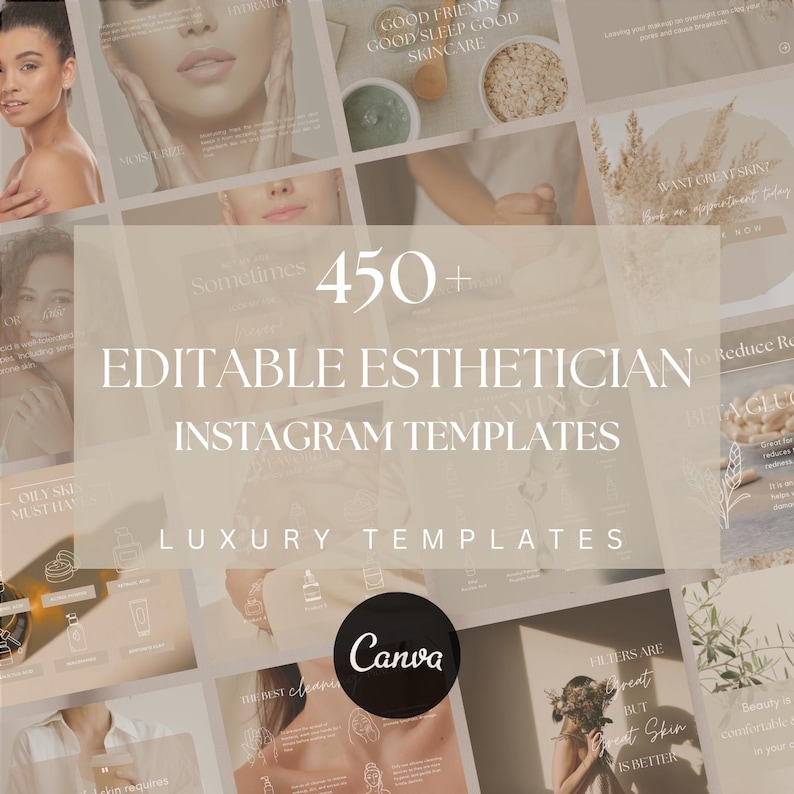 450+ Editable Skincare Instagram Posts Skincare Social Media Templates Instagram Templates for Estheticians Esthetician Business Neutral