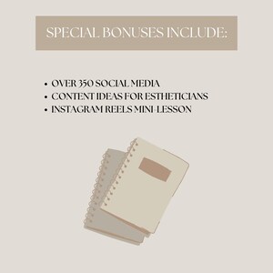 Puede incluir: Ilustraci&oacute;n de dos cuadernos con encuadernaci&oacute;n en espiral. El texto "SPECIAL BONUSES INCLUDE:" est&aacute; en la parte superior de la imagen. El texto debajo de la imagen dice: "OVER 350 SOCIAL MEDIA", "CONTENT IDEAS FOR ESTHETICIANS" y "INSTAGRAM REELS MINI-LESSON".