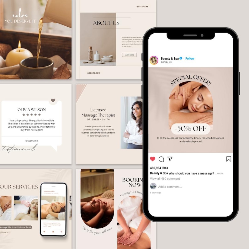 100 Massage Therapist Instagram Templates | Massage Therapy Social Media Post | Esthetician Beauty Spa Marketing | Bundle Massage Template