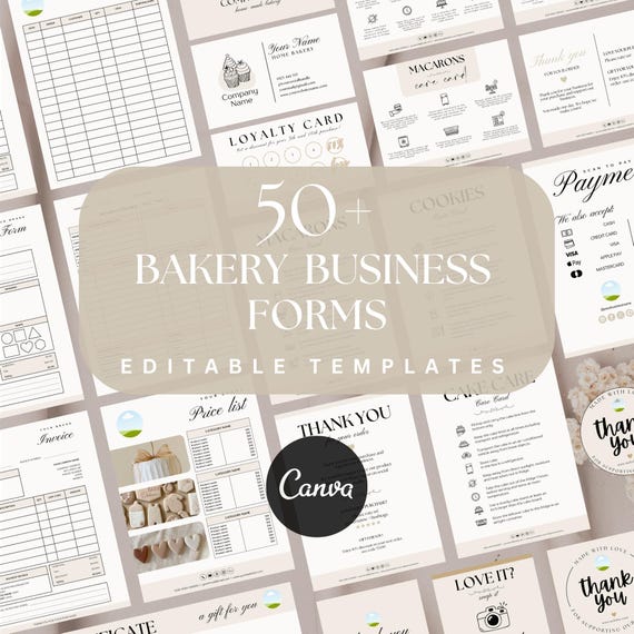 50+ Editable Bakery Business Canva Template | Invoice Template, QR Code Sign, Cake Order Form, Price List, Daily Planner, Cake Care Cards