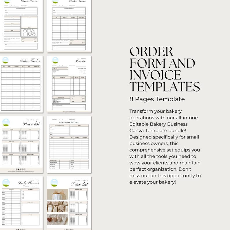 50+ Editable Bakery Business Canva Template | Invoice Template, QR Code Sign, Cake Order Form, Price List, Daily Planner, Cake Care Cards
