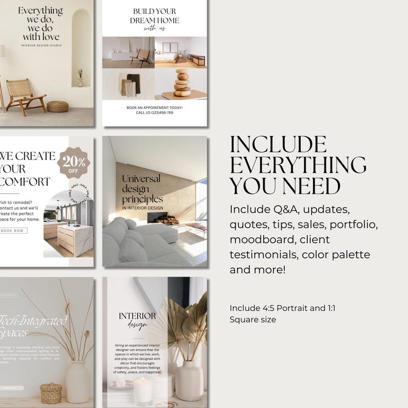 250+ Interior Design Instagram Post Template | Interior Design IG Post Template | Minimalist Canva Templates | Real Estate Social Media Post