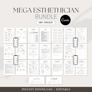 May include: A digital collection of esthetician forms titled MEGA ESTHETICIAN BUNDLE 100+ PAGES, featuring various white documents with black text, including consultation forms, invoices, and treatment records, displayed with mobile phone mockups.