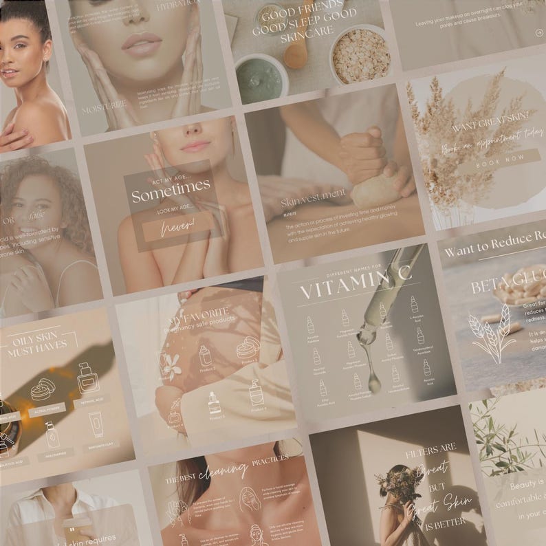450+ Editable Skincare Instagram Posts Skincare Social Media Templates Instagram Templates for Estheticians Esthetician Business Neutral