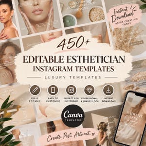 Meer dan 450 bewerkbare Instagram-berichten over huidverzorging, sjablonen voor sociale media over huidverzorging, Instagram-sjablonen voor schoonheidsspecialisten, neutraal ontwerp voor schoonheidssalons.