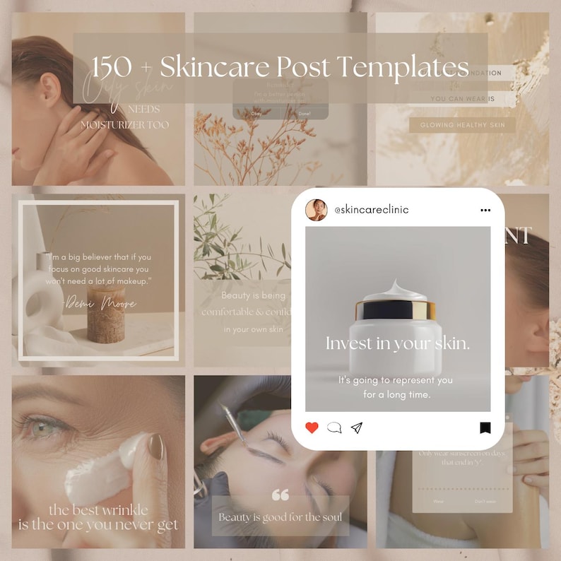 450+ Editable Skincare Instagram Posts Skincare Social Media Templates Instagram Templates for Estheticians Esthetician Business Neutral