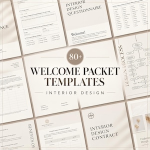 Plantillas para paquetes de bienvenida de diseño de interiores / Incorporación de clientes (editables en Canva)