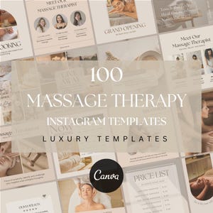 Puede incluir: Un collage de 100 plantillas de Instagram para empresas de masaje. Las plantillas presentan una paleta de colores neutros beige y marrón con imágenes de personas que reciben masajes. El texto "100 Plantillas de Instagram de Masaje Terapéutico" y "Plantillas de Lujo" aparecen en el centro del collage. El logotipo de Canva también es visible.
