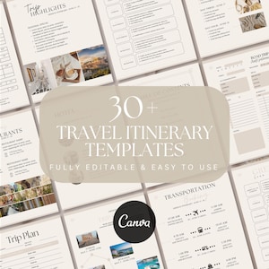 Könnte beinhalten: Eine Sammlung beiger Reiseplanvorlagen mit verschiedenen Layouts. Die Vorlagen enthalten Abschnitte für Reisehighlights, Restaurantdetails und Transportpläne. Der Text "30+ TRAVEL ITINERARY TEMPLATES" ist prominent dargestellt, zusammen mit "FULLY EDITABLE & EASY TO USE."
