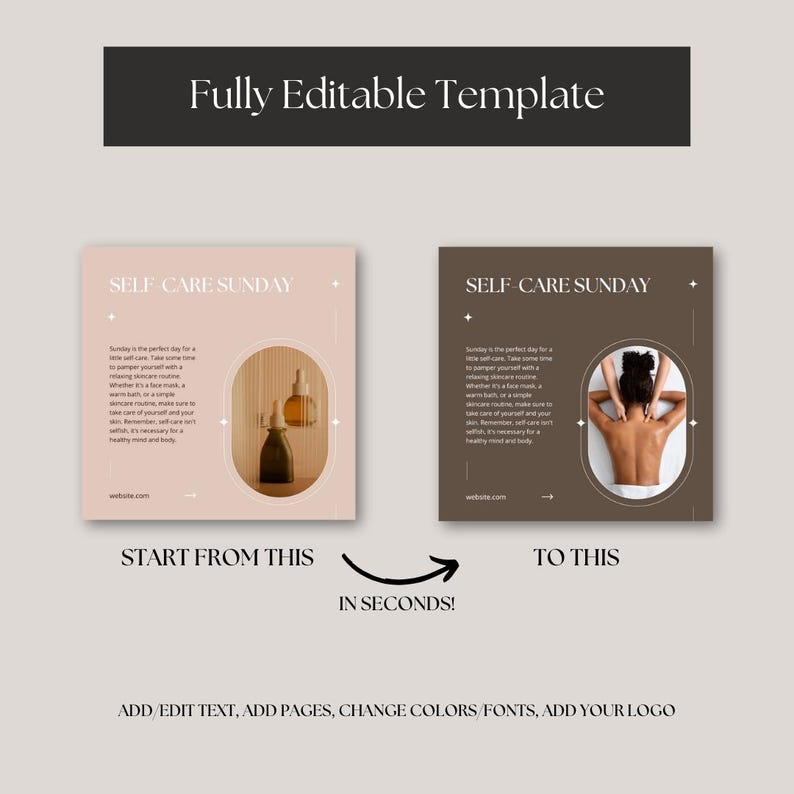 May include: Two Instagram post templates for self-care Sunday. The first template features a pink background with a white circle containing two bottles of essential oil. The second template features a brown background with a white circle containing a person receiving a back massage. Both templates include the text "SELF-CARE SUNDAY" and a website address.