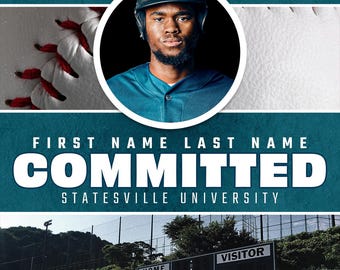 Könnte beinhalten: Ein Baseballspieler in einem türkisfarbenen Trikot und einer schwarzen Baseballkappe mit weißem Schirm ist in einem weißen Kreis abgebildet. Der Text "FIRST NAME LAST NAME COMMITTED STATESVILLE UNIVERSITY" befindet sich unter dem Kreis. Der Hintergrund ist türkis und weiß.