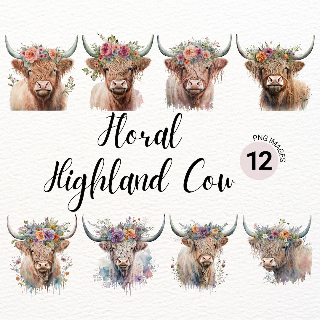 Floral Highland Cow PNG | Highland Cow Clipart | Watercolor Clipart ...