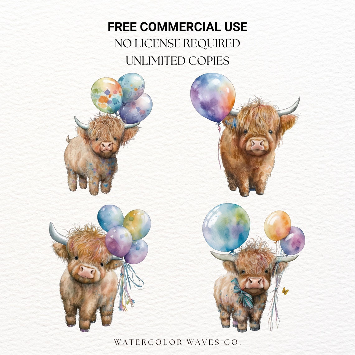 Baby Highland Cow With Balloons PNG | Watercolor Highland Cow Clipart ...