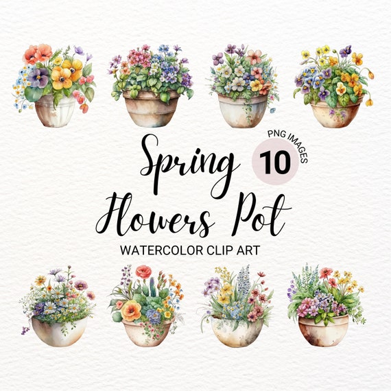 Spring Flowers Pots Clipart | Floral PNG | Watercolor Flowers Clipart | Botanical Art | Wedding Clipart | Junk Journal | Invitation Card