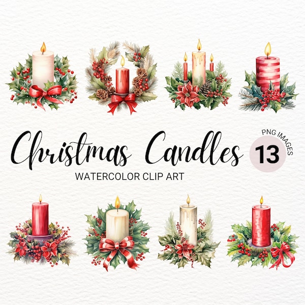 Christmas Candles Clipart | Watercolor Christmas Decor | Winter Holiday Scene | Junk Journal | Digital Planner | Commercial License