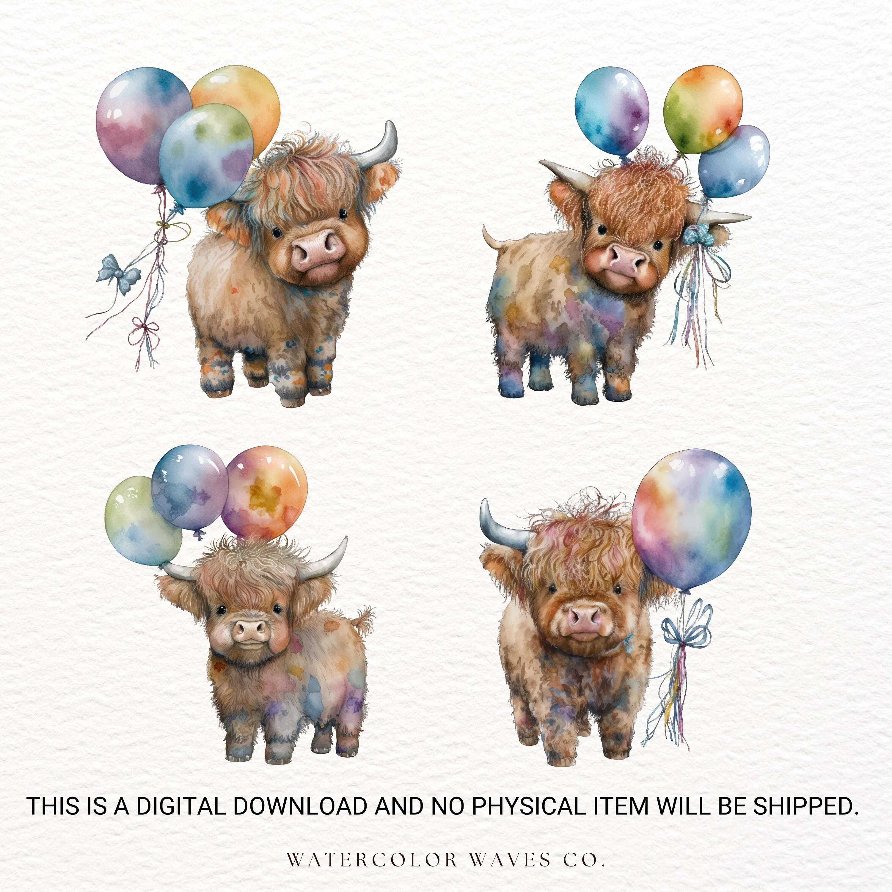Baby Highland Cow With Balloons PNG | Watercolor Highland Cow Clipart ...