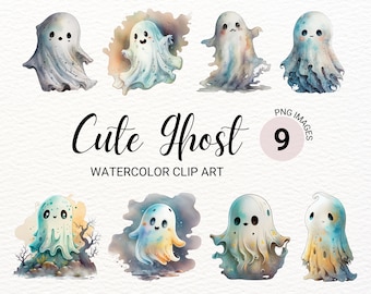 Cute Ghost Clipart | Watercolor Halloween PNG | Spooky Collage Images | Junk Journal Clipart Bundle | Digital Planner | Paper Craft