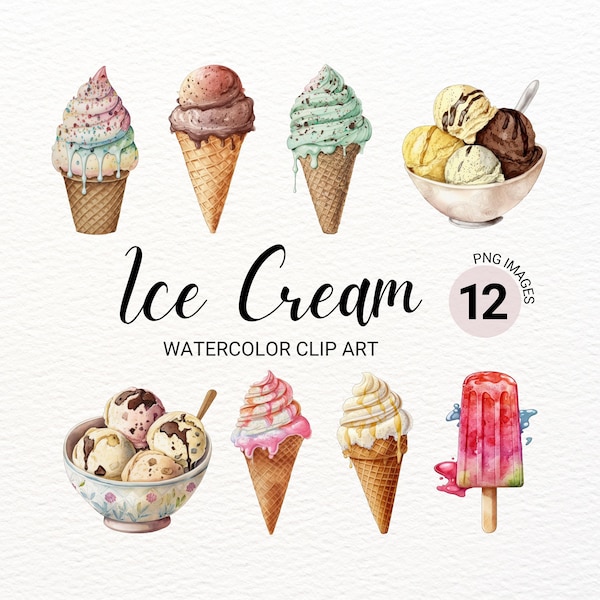 Ice Cream Clipart | Watercolor Ice Cream Decor | Summer Clipart | Pool Party | Nursery Wall Decor | Junk Journal | Transparent Background