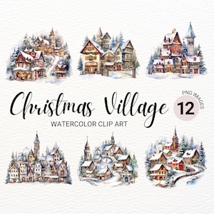 Kerstdorp clipart | Aquarel kersthuis | Wintervakantiescène | Ongewenste krant | Digitale Planner | Commerciële licentie