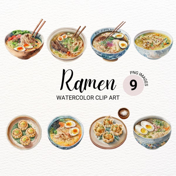 Watercolor Ramen Bowl PNG | Ramen Clipart | Kawaii Clipart | Food Clipart Bundle | Junk Journal | Digital Planner | Anime PNG