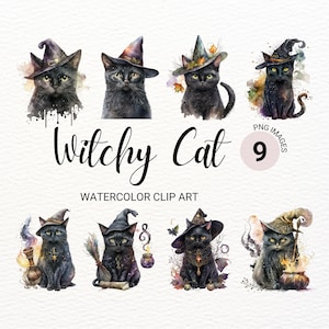 Witchy Cat Clipart Bundle | Watercolor Halloween Cat PNG | Spooky Collage Images | Junk Journal  | Digital Planner | Commercial License