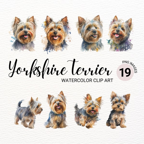 Chiot yorkshire terrier des cliparts | Yorkie aquarelle PNG | Clipart chien mignon | Portrait de chien | Chien PNG | Décoration de chambre d'enfant