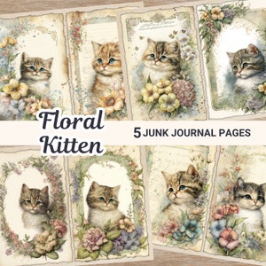 Watercolor Floral Kitten Junk Journal Pages | Vintage Flowers | Cute Animals Journal Kit | Paper Craft | Digital Collage Images | Ephemera