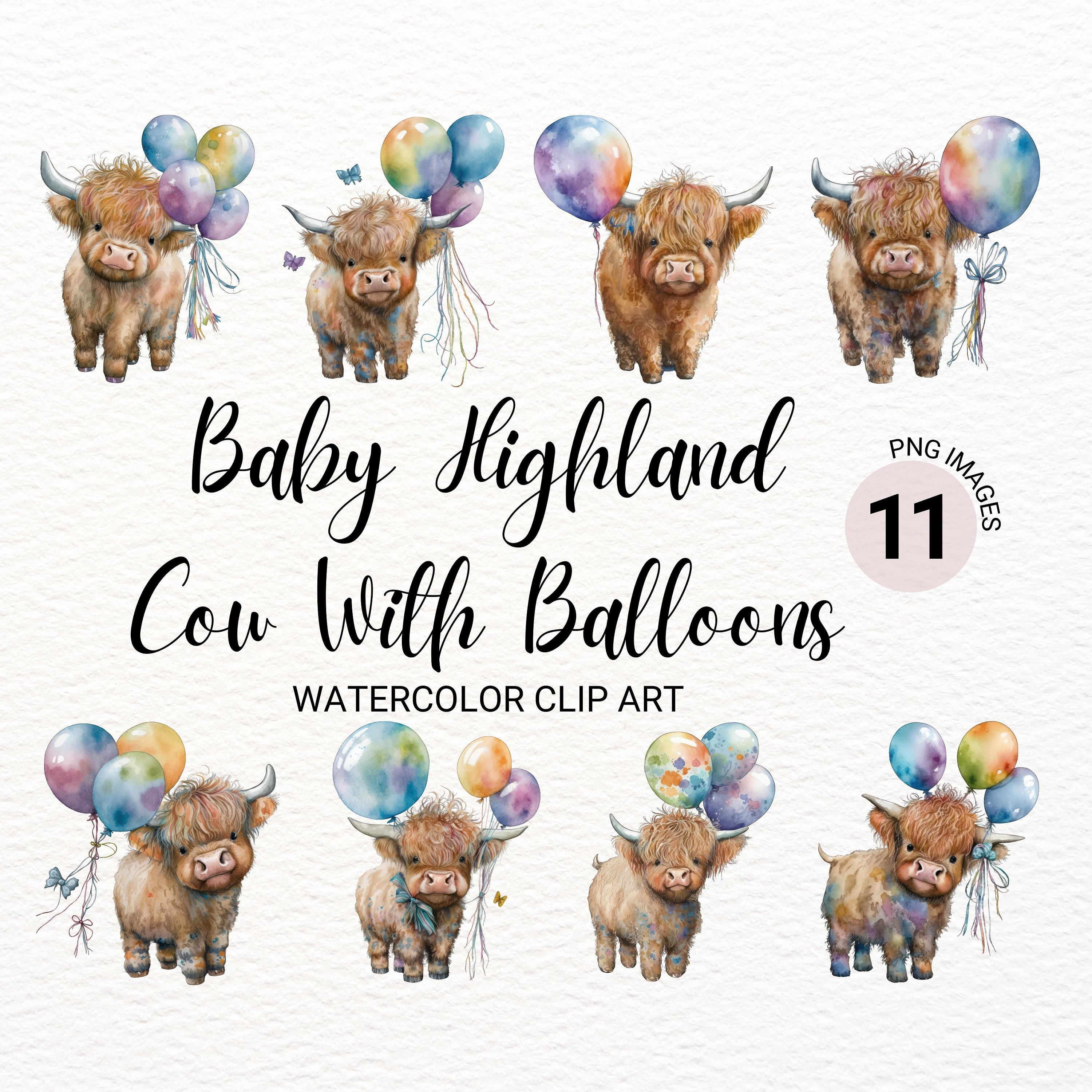 Baby Highland Cow With Balloons PNG | Watercolor Highland Cow Clipart ...