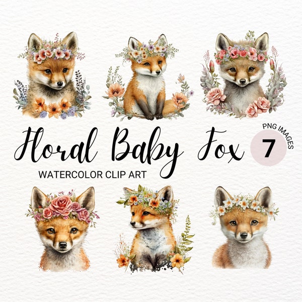 Floral Baby Fox Clipart | Baby Animals Clipart | Woodland Animals Clipart | Nursery Wall Decor | Kawaii Clipart | Commercial License