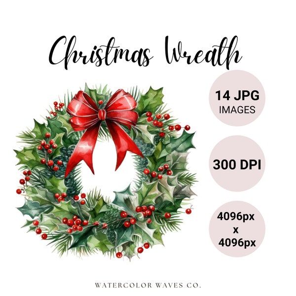 Christmas Wreath Clipart | Floral JPG | Watercolor Wreath | Holiday Digital Planner | Junk Journal | Winter Clipart Bundle | Flower Wreath