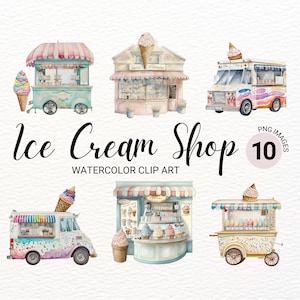 Cute Ice Cream Shop Clipart | Watercolor Ice Cream Clipart | Summer Clipart | Ice Cream Decor | Storefront Clipart  | Shop PNG