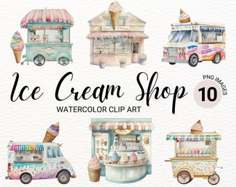 Linda tienda de helados Clipart / Clipart de helado de acuarela / Clipart de verano / Decoración de helados / Clipart de escaparate / Tienda PNG